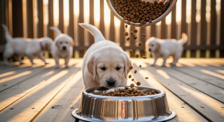 Cute labrador puppy looking at dry kibble falling into a silver bowl on a wooden deck. Pet food for animal nutrition and care.