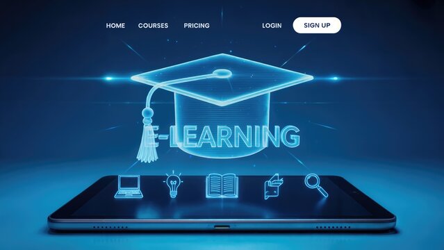 E-Learning concept with graduation cap and tablet representing online education access - Powered by Adobe