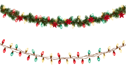 Christmas garland and lights isolated on transparent background