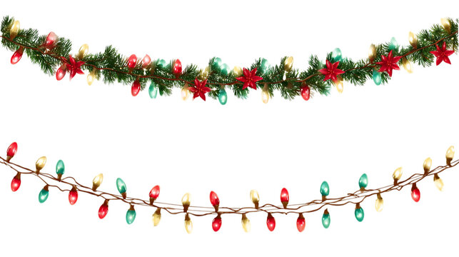 Christmas garland and lights isolated on transparent background