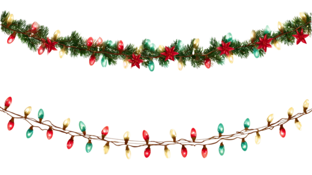 Christmas garland and lights isolated on transparent background