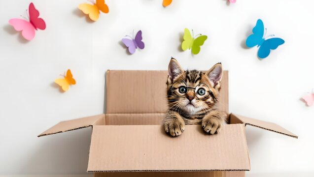 Adorable tabby kitten peeking out of a cardboard box surrounded by colorful butterflies