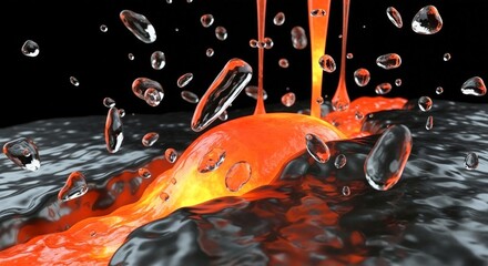 Liquid metal or lava flow with water droplets. Abstract industrial science concept for energy and material technology.