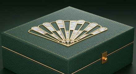 Decorative green rectangular box with golden trim and a sophisticated mother of pearl fan. Expensive gift packaging for luxury item.