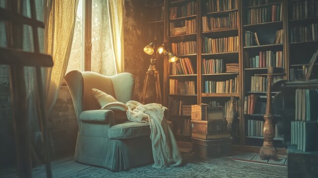 A cozy reading nook in a sunlit antique library. - Powered by Adobe