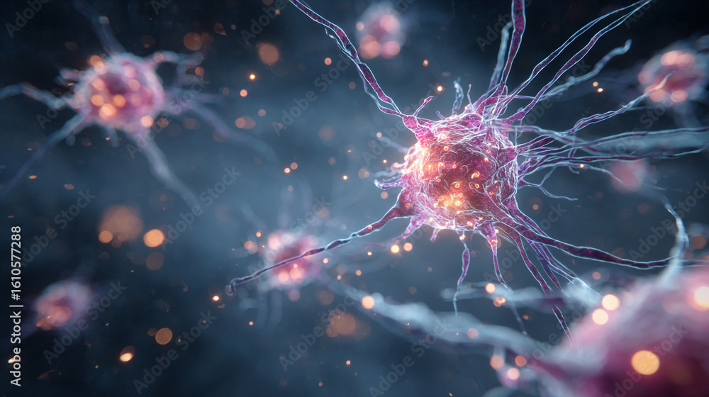 Poster microscopic view of neurons with glowing synapses in a dark blue background