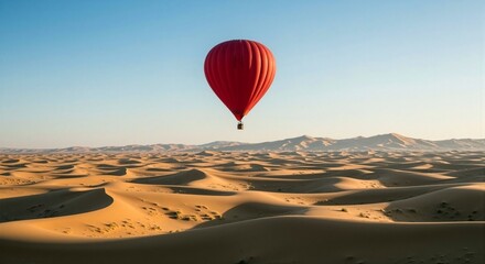 A red hot air balloon floats over a vast desert with sand dunes. Adventure travel and exploration concept for wanderlust.
