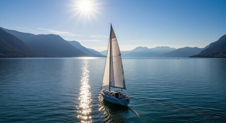 Sailboat cruising on a large lake surrounded by mountains under a bright sun. Yacht sailing adventure. Outdoor vacation sport.