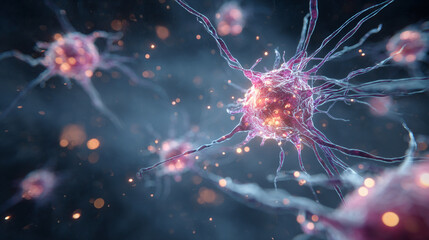 Microscopic view of neurons with glowing synapses in a dark blue background