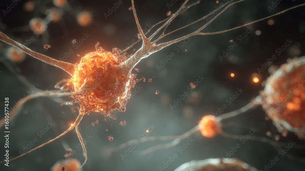 Poster close up view of neuron cells with orange glow and branching dendrites visible