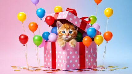 Adorable kitten surprises in a pink polka dot gift box surrounded by balloons