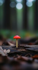 A small red mushroom growing on dead wood in a forest with blurred background, embodying natural growth and woodland exploration.