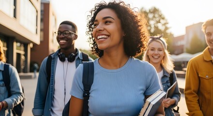A group of happy, diverse university students with books walk together outdoors. A concept of education, campus life, friendship, and higher learning.