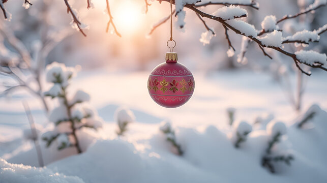 Ornament sways to and fro amidst a winter wonderland scene, nature, landscape, winter