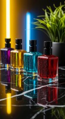 Colorful glass perfume bottles with water droplets. Modern luxury cosmetic product packaging. Beauty and personal hygene display.