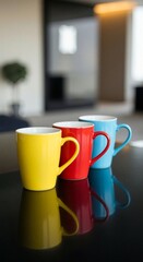 Three colorful blank mugs in a row on a reflective black surface, for drinkware display and home or office decor.