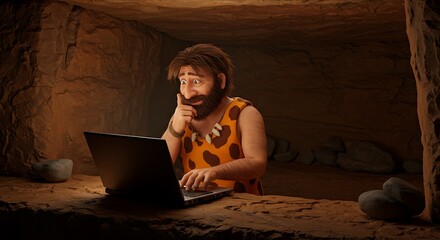 A thoughtful prehistoric man inside his stone age cave discovers modern technology, working on a caveman computer with a pensive look.