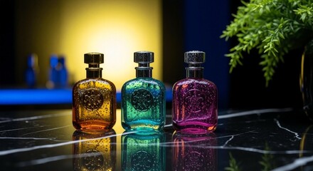 Three colorful glass bottles with water droplets on a marbled surface. Product display for perfume or essential oil.