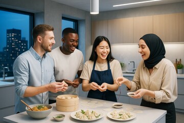 Group of diverse friends happily making dumplings together in a modern kitchen with warm lighting and cityscape background at night. Ai generative
