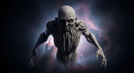 A terrifying gaunt monster with a long beard emerges from a dark cosmic void, a powerful figure of horror and fantasy.