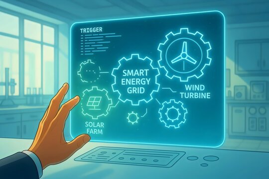 A hand interacts with a smart energy grid interface displaying solar farm and wind turbine data