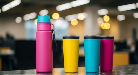 Pink water bottle, yellow and blue tumblers on table. Reusable drinkware for hydration and eco-friendly consumerism.