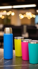 Collection of reusable drink containers on a dark countertop. Vibrant thermos and travel mugs for sustainable lifestyle and hydration.