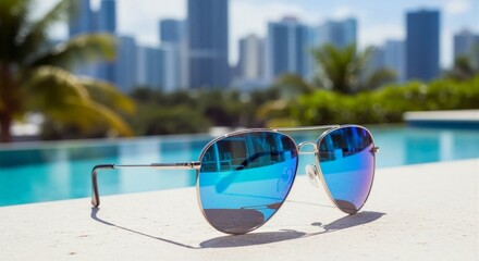 Blue mirrored aviator sunglasses resting by a sunny swimming pool with city skyline buildings in the background. Summer vacation concept.