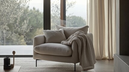 A soft armchair draped with a blanket in sunlight