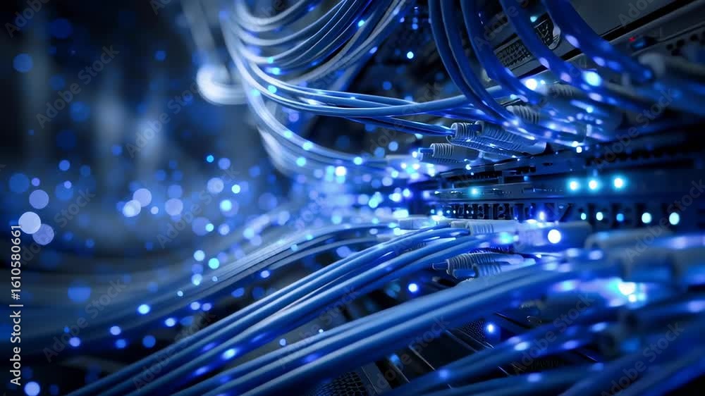 Poster a network switch with glowing blue data cables in an internet server room