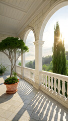 Sunlit Veranda with Arched Columns, Tiled Floor, and Scenic Landscape View