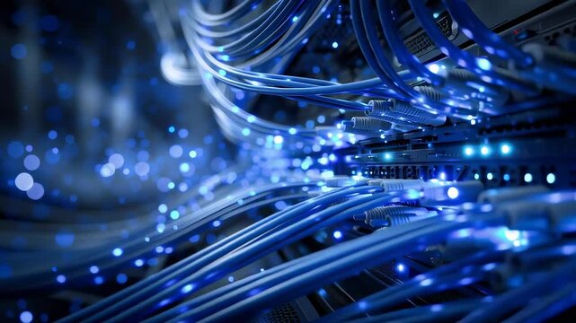 A network switch with glowing blue data cables in an internet server room - Powered by Adobe
