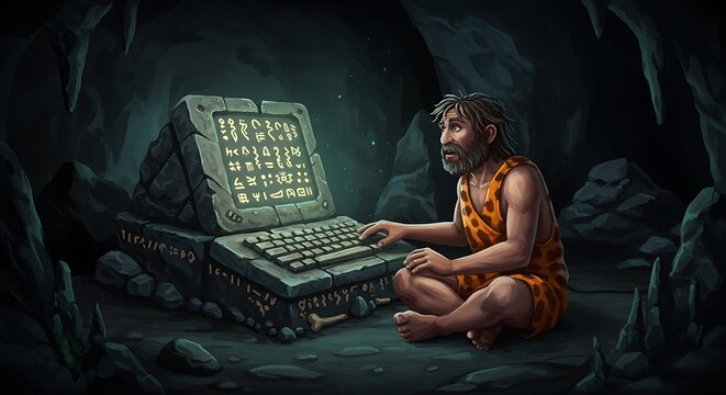 An illustration of a surprised Neanderthal discovering a primitive stone caveman computer, bridging the prehistoric era with the digital age.