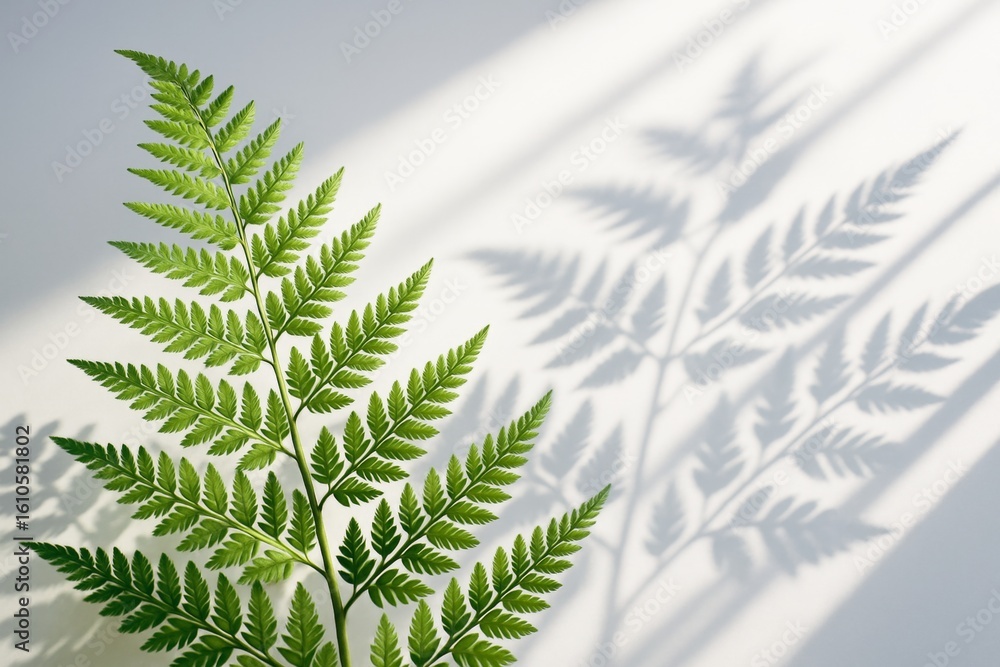 Poster green fern leaf casting soft shadow on white background with natural sunlight, creating a minimalist