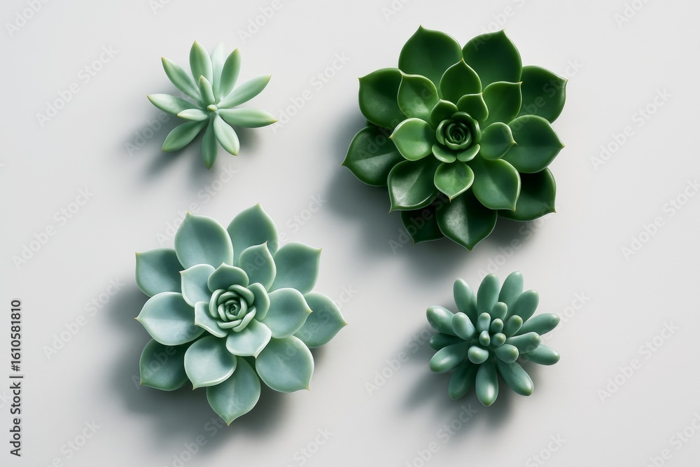 Aufkleber top view of four vibrant succulent plants arranged creatively on a bright minimalist background with