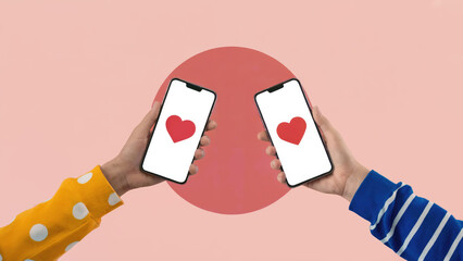 Two people connecting digitally, sharing love hearts on phone screens