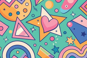 Colorful Geometric Pattern Background with Stars, Hearts, Triangles, and Shapes