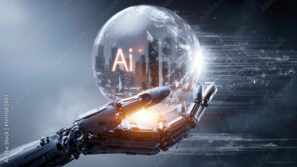 Poster an ai robot hand holding a transparent sphere with the word ai in it. concept of artificial intellig