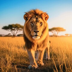 Majestic African Male Lion with Golden Mane Standing in Savanna at Sunset