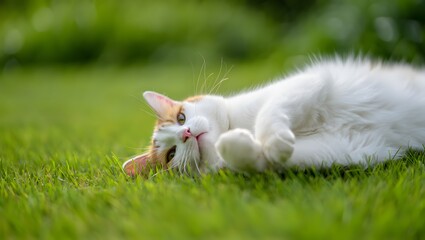 Playful white and orange cat rolling on green grass in sunlight