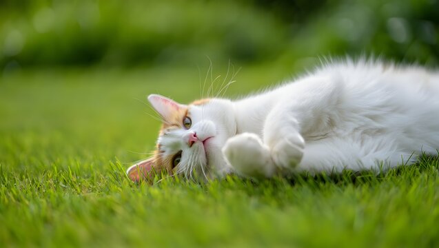 Playful white and orange cat rolling on green grass in sunlight - Powered by Adobe