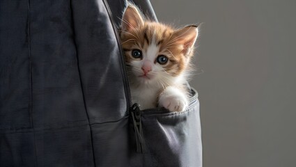 Adorable calico kitten peeking out of a dark blue fabric pocket