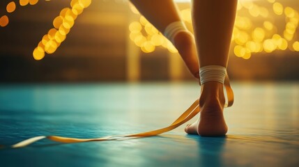 Gymnasts grace golden ribbon.