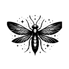 Obraz premium A striking black and white illustration of a wasp with detailed wings