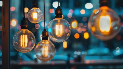 Hanging, glowing, round filament lightbulbs create bokeh over an indistinct blue background