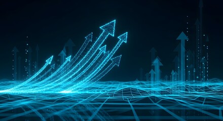Futuristic Digital Data Visualization with Upward Arrows and Network Grid in Blue