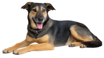 Dog isolated on transparent background lying down with tongue out and happy expression