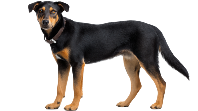Black and brown dog isolated on transparent background standing calmly with alert expression