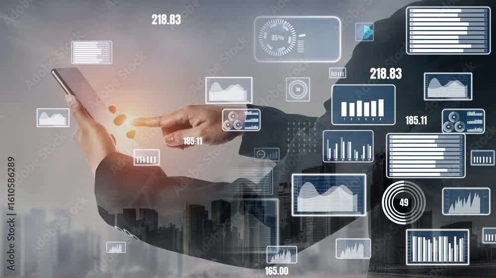 Poster a business professional engages in data analysis using a tablet. futuristic graphs and urban skyline