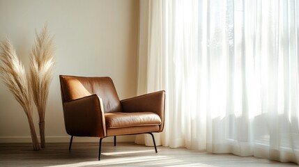 Cozy armchair beside bright window in sunny room